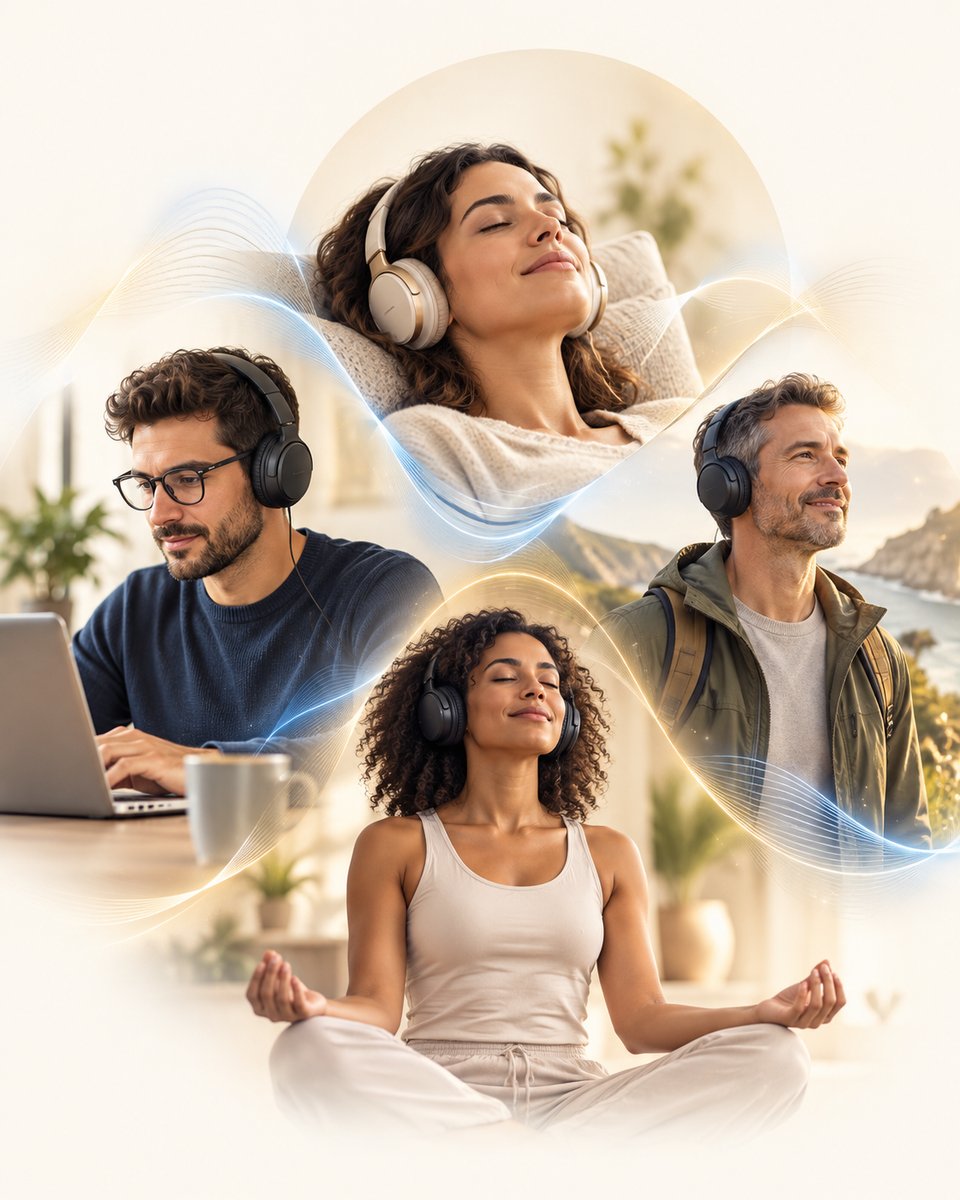 Pessoas em momentos diferentes do dia ouvindo áudio com fones, em clima calmo — ilustração do método Binaural Max
