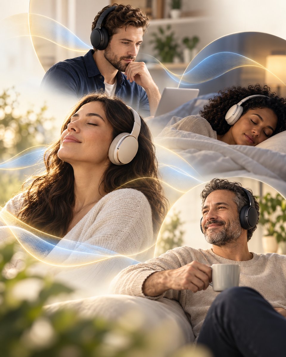 Pessoas relaxando e descansando com fones de ouvido — ilustração do método Binaural Max